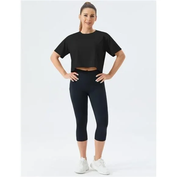 Women's Workout Crop Top T-Shirt Short Sleeve Boxy Running Cropped Basic Tee - Picture 5 of 7